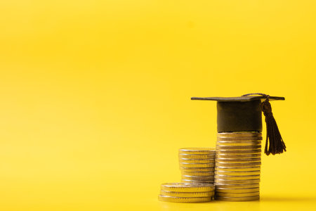 Graduated cap with coins on yellow background. Savings for education concept.の写真素材