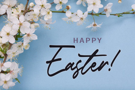 Happy Easter greeting on blue background with blooming branch top viewの写真素材