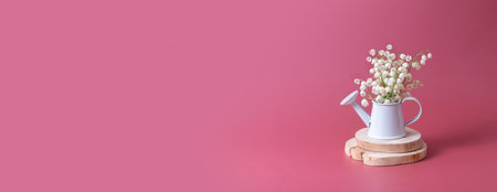 Spring, Mother's Day or March 8 still life composition with lilies of the valley bouquet in a decorative watering can on a magenta backgroundの写真素材