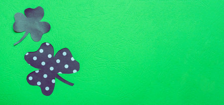 St. Patrick's Day minimalistic banner. Paper clover leaves on colored background with copy space.の写真素材