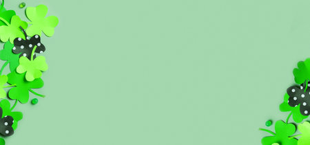 St. Patrick's Day banner background. Paper clover leaves on colored background with copy space.の写真素材