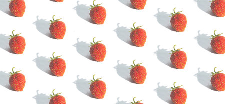 Banner with pattern with strawberries isolated on white. Abstract summer background.