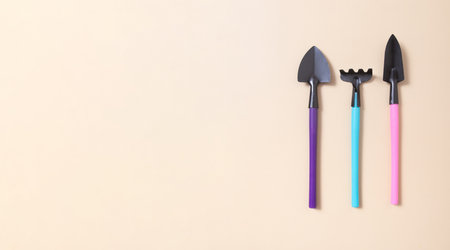 Banner with shovels and rakes for gardening. flat lay. The concept of spring planting.の写真素材