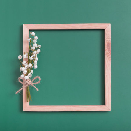 Summer or spring composition. Lily of the valley with square frame copy space top view. Summer, spring floral concept.の写真素材