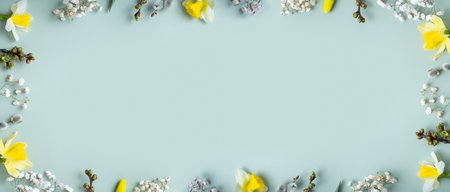 Spring banner with flat lay floral composition on pastel green background with copy space. Daffodils and willow top view.の写真素材