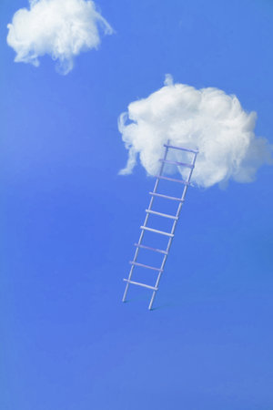 Ladder to the cloud in the sky. Minimalist concept of dreams, achievements and goals.の写真素材
