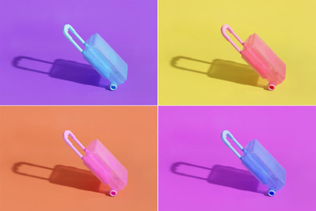 Collage from colorful toy suitcase with hard shadow.の写真素材