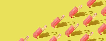 Banner with pattern from toy suitcase on an orange background with a hard shadow. copyspace.の写真素材