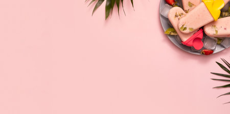 summer food banner background. Homemade ice cream on plate with ice and pieces of fruit on colored background and palm leaves with copy space. top view.の写真素材