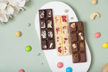 Healthy craft natural mini chocolates top view. Sweet food, healthy dessert flat lay.