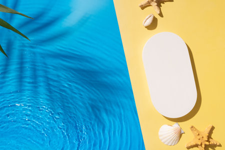 Mock up podium or pedestal flat lay with blue water waves. Hot summer scene for your product top view.の写真素材