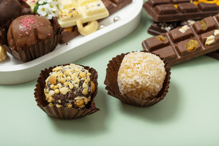Craft chocolate candies with nuts and mini chocolates. Healthy sweet food still life.