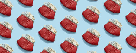 Banner with pattern made from wallet with dollars top view, flat lay.