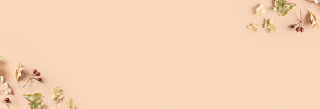 Autumn banner. Pattern made of dried leaves and flowers on pastel beige background. Autumn, fall...