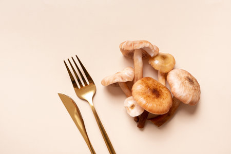 Mushrooms honey fungi with cutlery on beige background flat lay, top view.の写真素材