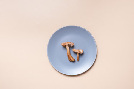Mushrooms on a plate flat lay, top view on beige background.の写真素材