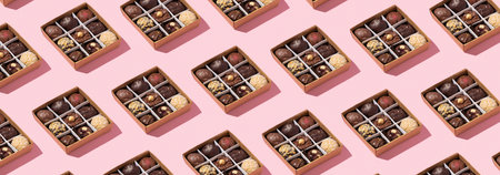 Banner with pattern made from box with chocolate craft candies with nuts inside on pink background