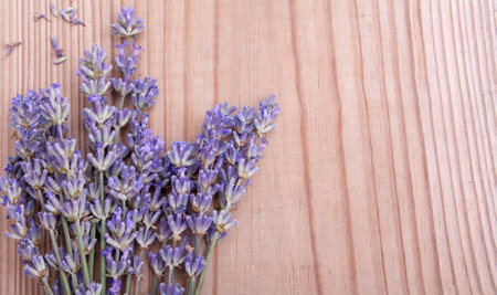 Top view lavender flowers on wooden background with copy space.の写真素材