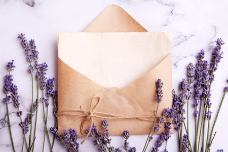 Top view envelope with copy space, lavender. Love letter, wedding conceptの写真素材