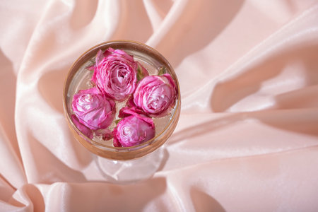 Top view bulbs in champagne around roses in the glass on folded textile background. Creative beautiful still life.の写真素材