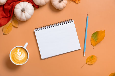 Blank notebook for text and pumpkins with autumn leaves. Autumn theme mock up.の写真素材