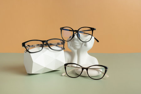 Gypsum elements with eyeglasses on colored background. Optical store, vision test, stylish glasses concept.の写真素材