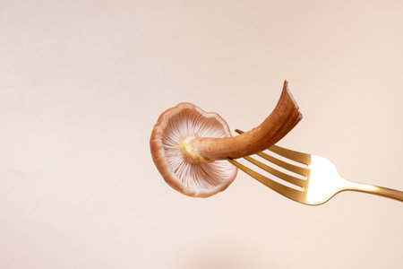 Honey fungi mashroom on a fork on a beige background.の写真素材