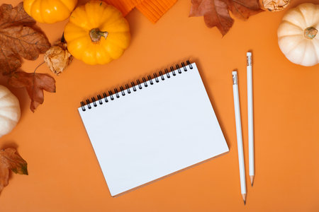 Blank notebook for text next to pumpkins and autumn leaves. Autumn theme mockup.の写真素材