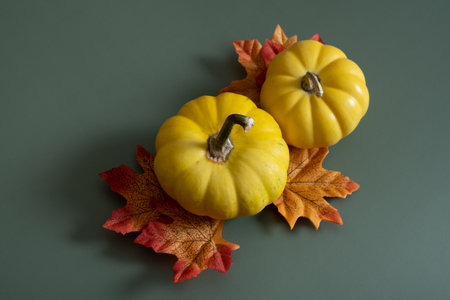 Pumpkin and maple leaves on a green background. Autumn minimalist aesthetic still life.の写真素材
