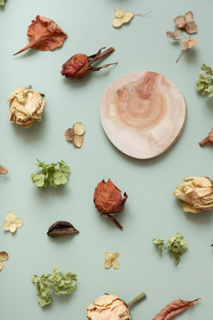Saw podium top view with pattern from dry autumn flowers and petals on pastel green background. Creative autumn flat layの写真素材