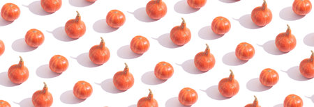 Pattern made from orange pumpkins with hard shadows on white background. Banner format.