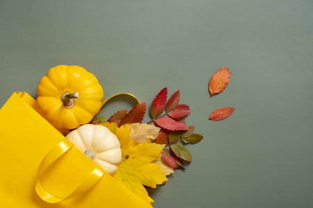 Autumn shopping and sales concept. Composition of autumn fallen leaves and a shopping bag on a green background.の写真素材