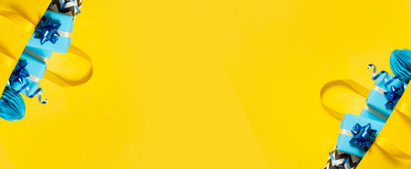 Banner with gift boxes in shopping bag. Holidays shopping concept flat lay, top view. Copy space.