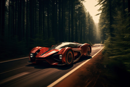 A futuristic red car on the road with forest. Fantastic car. AI Generatedの素材