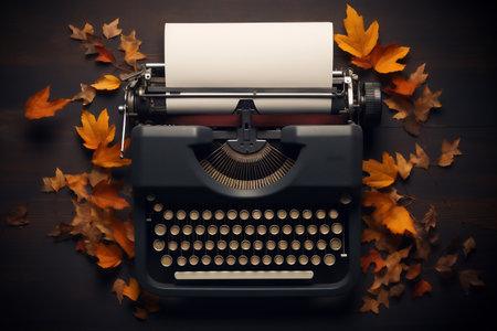 Typewriter with fall autumn leaves on a dark background top view. AI Generatedの素材