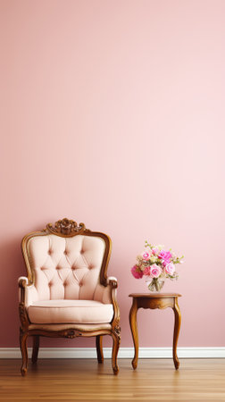 Pink elegant textile armchair with a table and flowers in vase. AI Generated.の素材