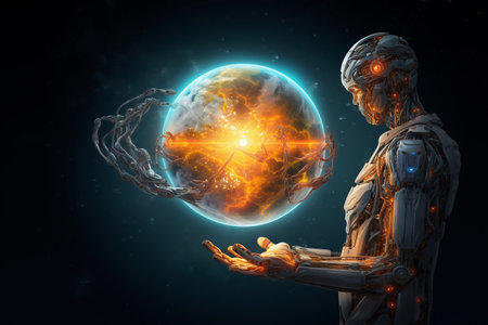 A robot hands with planet Earth. Artificial intelligence rules the planet concept.の素材