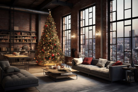 Apartment loft interior with Christmas tree and lights. AI Generative.の素材