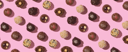 Chocolate craft candies pattern with nuts and dried fruits on pink background flat lay, top view.