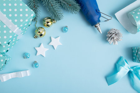 Christmas and New Year gift wrapping with decor and place for text. Xmas art backgroundの写真素材