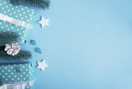 Wrapped Christmas and New Year gifts with decor and place for text. Xmas background flat lay, top viewの写真素材