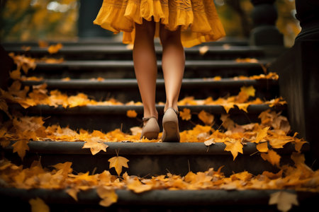 Beautiful legs of a young girl in boots on the stairs with fallen leaves. Autumn concept. AI Generativeの素材
