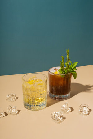 Alcoholic cocktails and ice on colored backgrounds with hard shadows