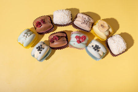 Set of different macaroons on yellow background top view, flat lay. Delicious luxury food aesthetics