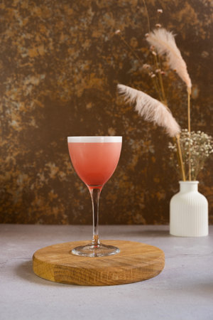 Alcoholic pink cocktail with foam on a wooden podium. Drinking still lifeの写真素材