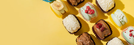 Banner with different macaroons on yellow background top view, flat lay. Copy space