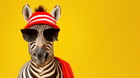 A zebra in sunglasses and a cap on yellow background. Copy space. AI Generative.の素材