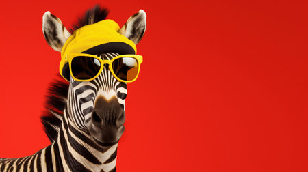 A zebra in yellow glasses and a cap on red background. AI Generative. Copy spaceの素材