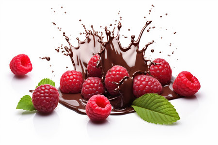 Chocolate splash with raspberries on white background. AI Generative.の素材