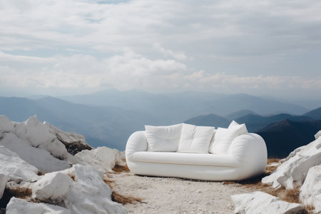 White comfortable modern sofa on top of the mountains. Concept of achievement, motivation, vacationの素材